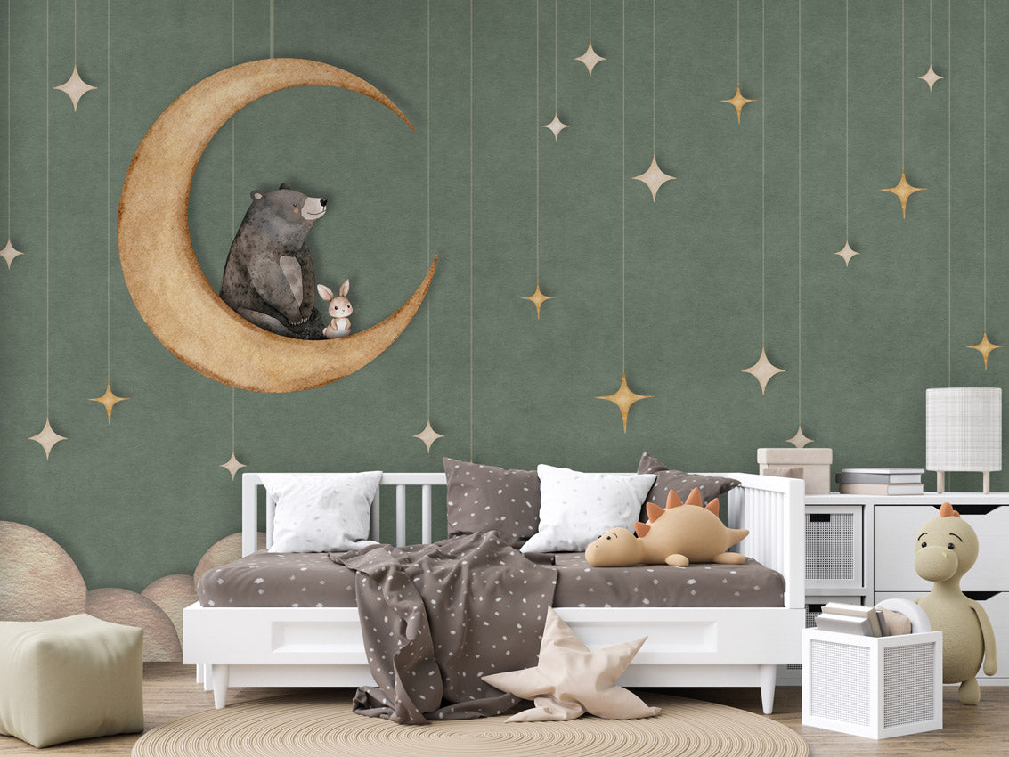 Bear on the Moon - green kids room wallpaper interior — premium wallpaper by Artehub Egypt