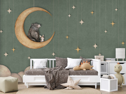 Bear on the Moon - green kids room wallpaper interior — premium wallpaper by Artehub Egypt