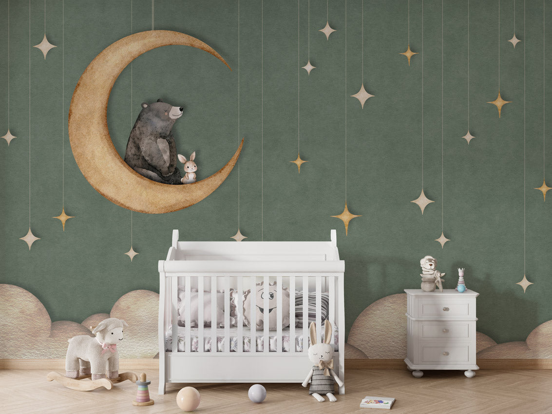 Bear on the Moon - green kids room wallpaper interior — premium wallpaper by Artehub Egypt