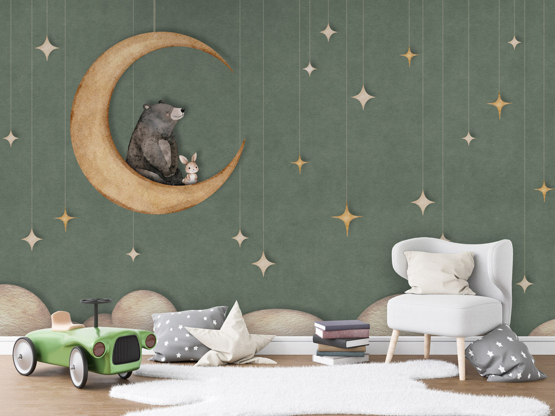 Bear on the Moon - green kids room wallpaper interior — premium wallpaper by Artehub Egypt