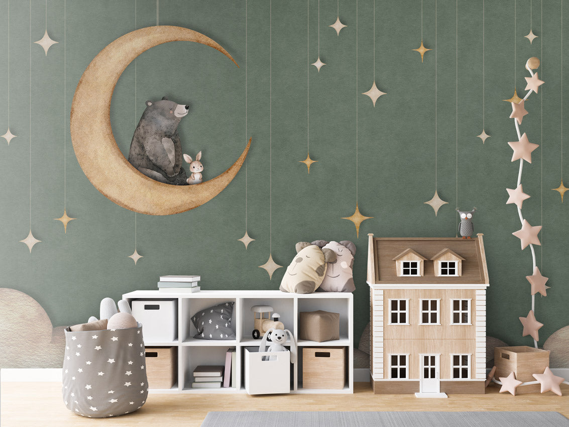 Bear on the Moon - green kids room wallpaper interior — premium wallpaper by Artehub Egypt