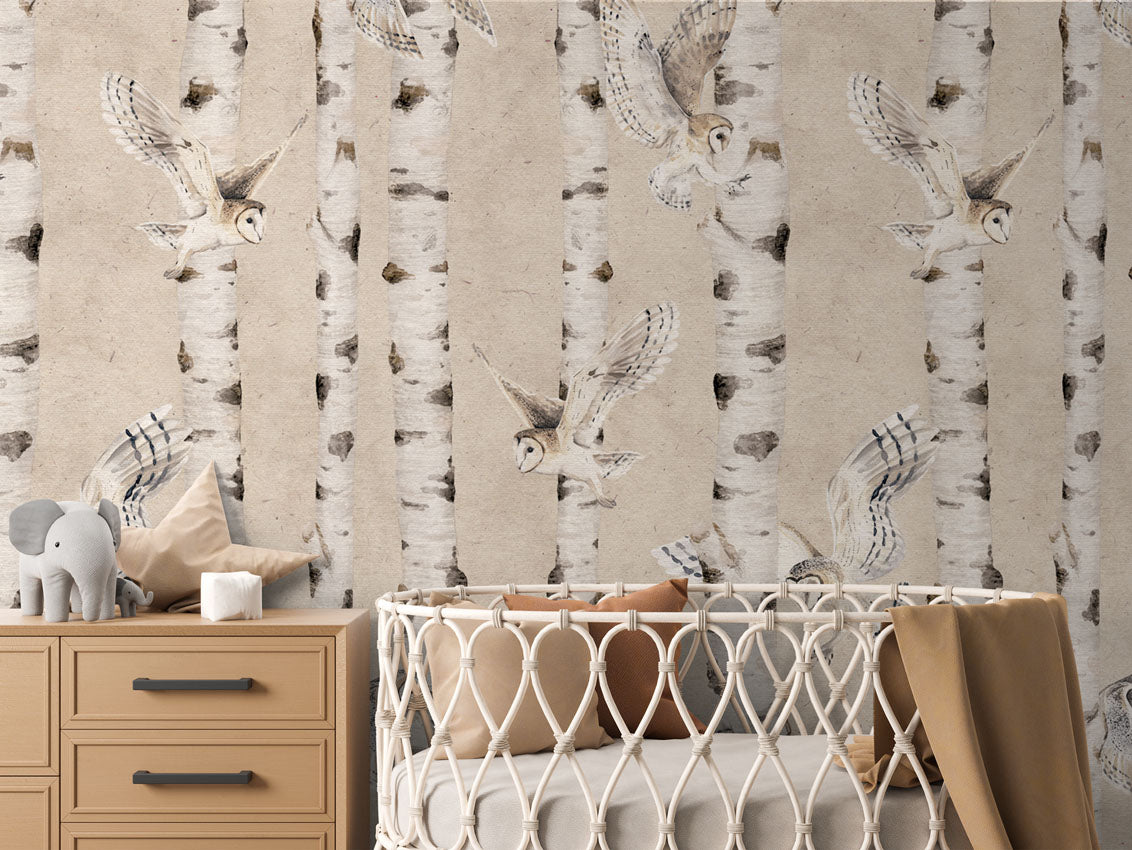 Birch and Owls - Beige luxury wallpaper in kids room interior — Artehub Egypt