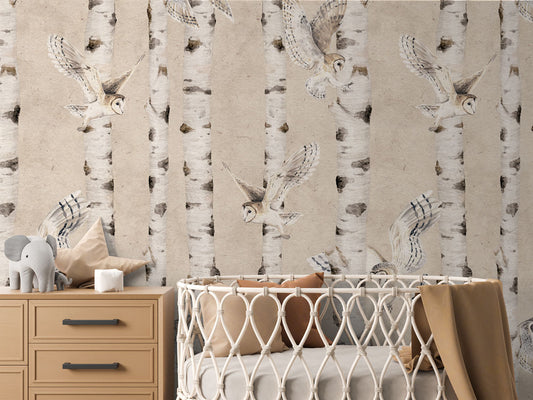 Birch and Owls - Beige luxury wallpaper in kids room interior — Artehub Egypt