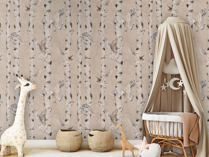 Birch and Owls - Beige luxury wallpaper in kids room interior — Artehub Egypt