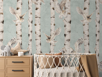 Birch and Owls - Blue luxury wallpaper in kids room interior — Artehub Egypt