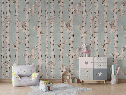 Birch and Owls - Blue luxury wallpaper in kids room interior — Artehub Egypt