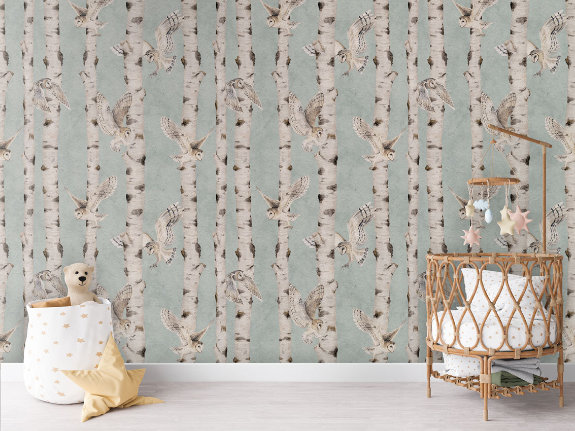 Birch and Owls - Blue luxury wallpaper in kids room interior — Artehub Egypt