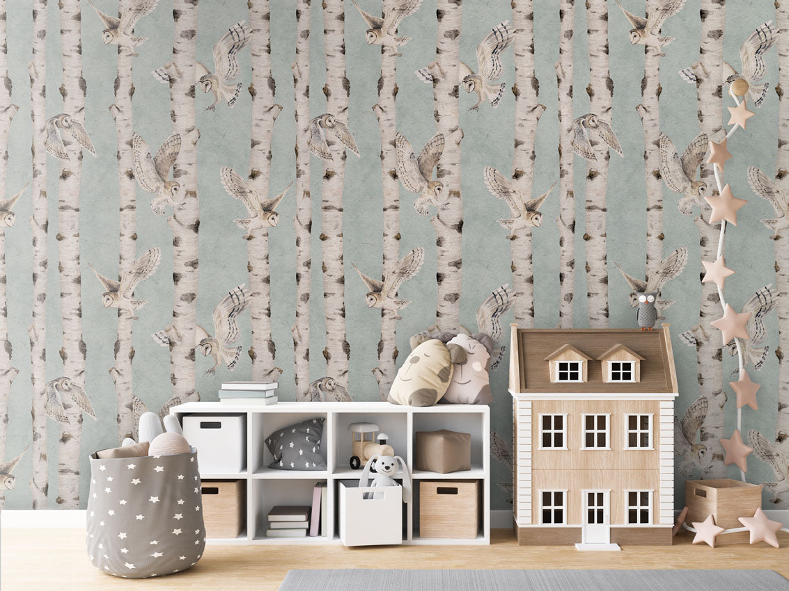 Birch and Owls - Blue luxury wallpaper in kids room interior — Artehub Egypt