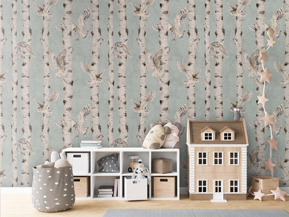 Birch and Owls - Blue luxury wallpaper in kids room interior — Artehub Egypt