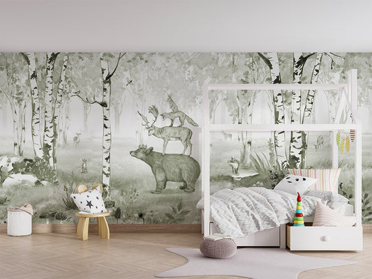 Bear King - Green luxury wallpaper in kids room interior — Artehub Egypt