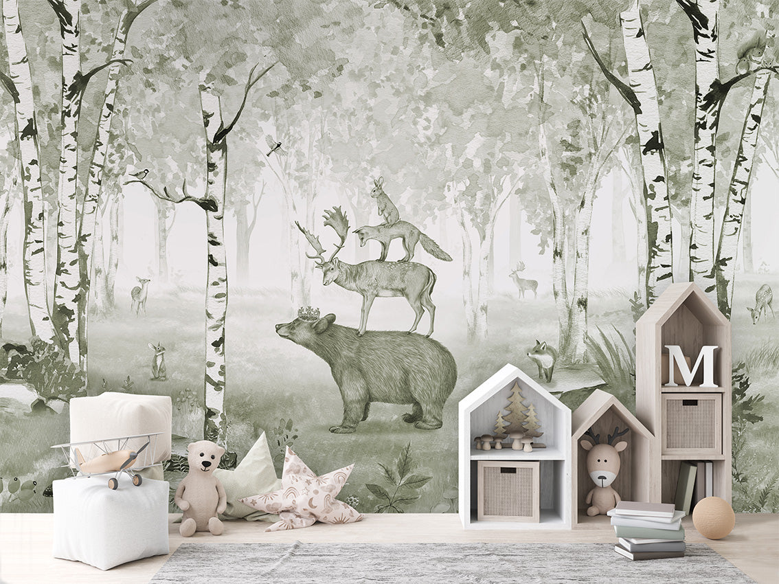 Bear King - Green luxury wallpaper in kids room interior — Artehub Egypt