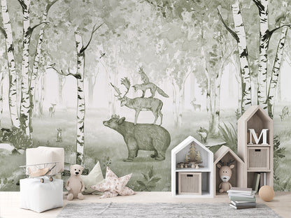 Bear King - Green luxury wallpaper in kids room interior — Artehub Egypt