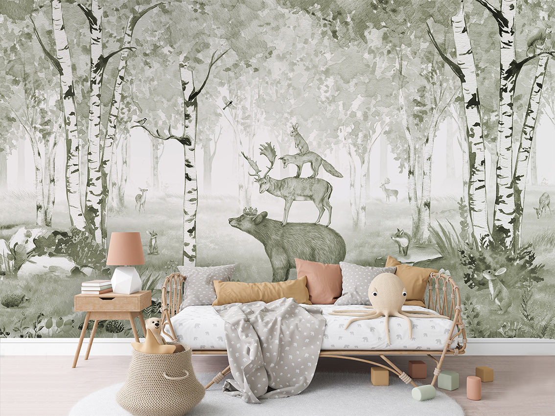 Bear King - Green luxury wallpaper in kids room interior — Artehub Egypt