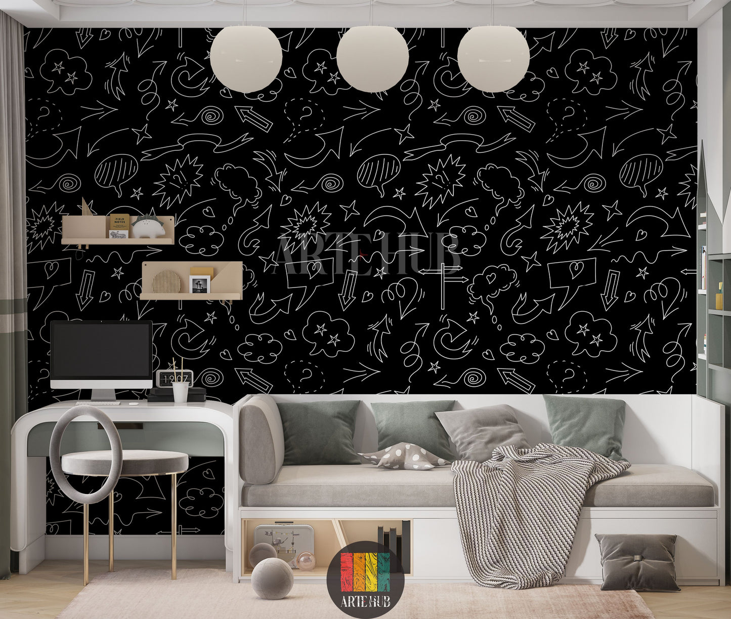 A modern living room features a striking black wallpaper covered in white doodle art, including various arrows, speech bubbles, stars, and clouds. A light grey sofa with blue, grey, and white cushions, a black and white houndstooth throw, a yellow armchair, and wooden tables with decor items are visible. The floor has a textured white rug, creating a vibrant yet sophisticated space.
غرفة معيشة عصرية تتميز بورق حائط أسود لافت للنظر، مزين برسومات شخبطة بيضاء تشمل أسهمًا متنوعة، فقاعات كلام، نجوم، وغيوم. تظهر 