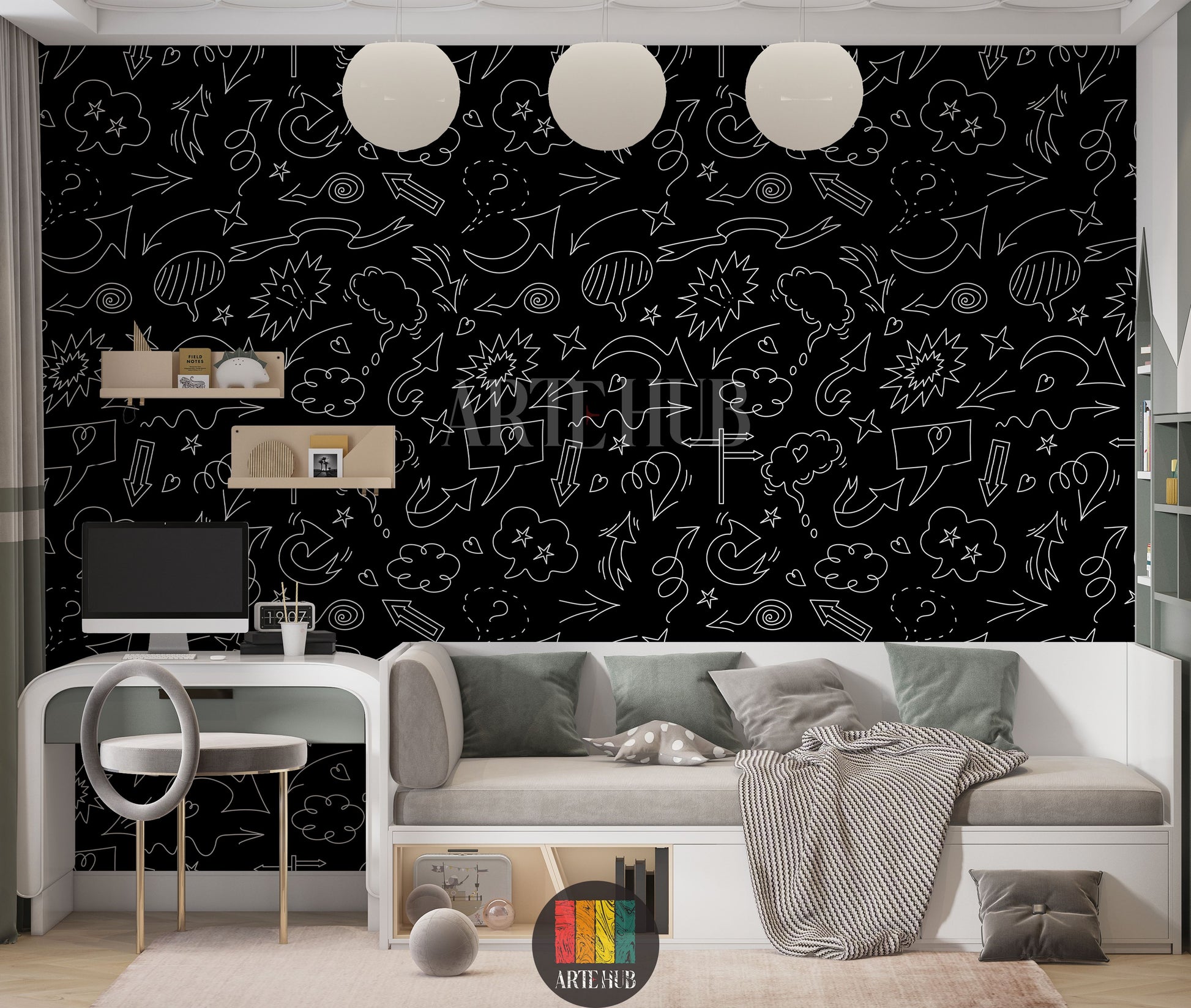 A modern living room features a striking black wallpaper covered in white doodle art, including various arrows, speech bubbles, stars, and clouds. A light grey sofa with blue, grey, and white cushions, a black and white houndstooth throw, a yellow armchair, and wooden tables with decor items are visible. The floor has a textured white rug, creating a vibrant yet sophisticated space.
غرفة معيشة عصرية تتميز بورق حائط أسود لافت للنظر، مزين برسومات شخبطة بيضاء تشمل أسهمًا متنوعة، فقاعات كلام، نجوم، وغيوم. تظهر 