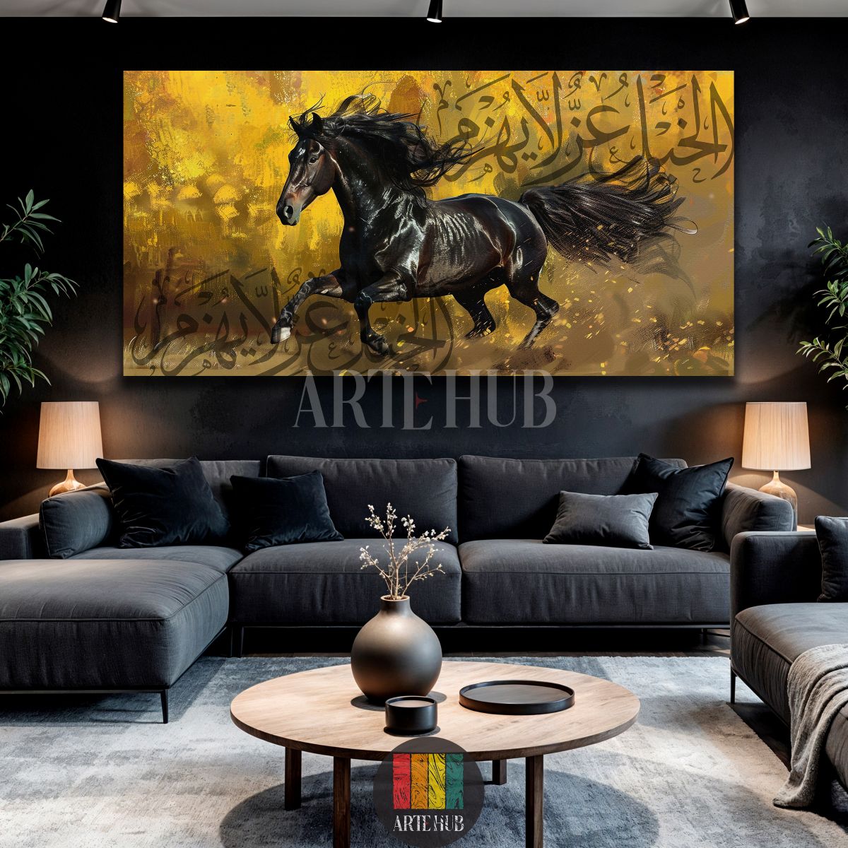 A striking black horse galloping across a textured gold background with elegant Arabic calligraphy, presented as a canvas wall art for contemporary Egyptian homes.
تابلوه فني يصور حصانًا عربيًا أسودًا يركض على خلفية ذهبية مع خط عربي جميل، مثالي لديكورات المنازل العصرية في مصر.