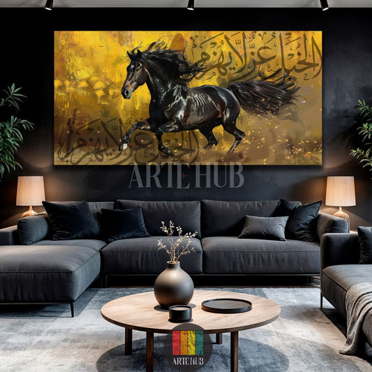 A striking black horse galloping across a textured gold background with elegant Arabic calligraphy, presented as a canvas wall art for contemporary Egyptian homes.
تابلوه فني يصور حصانًا عربيًا أسودًا يركض على خلفية ذهبية مع خط عربي جميل، مثالي لديكورات المنازل العصرية في مصر.