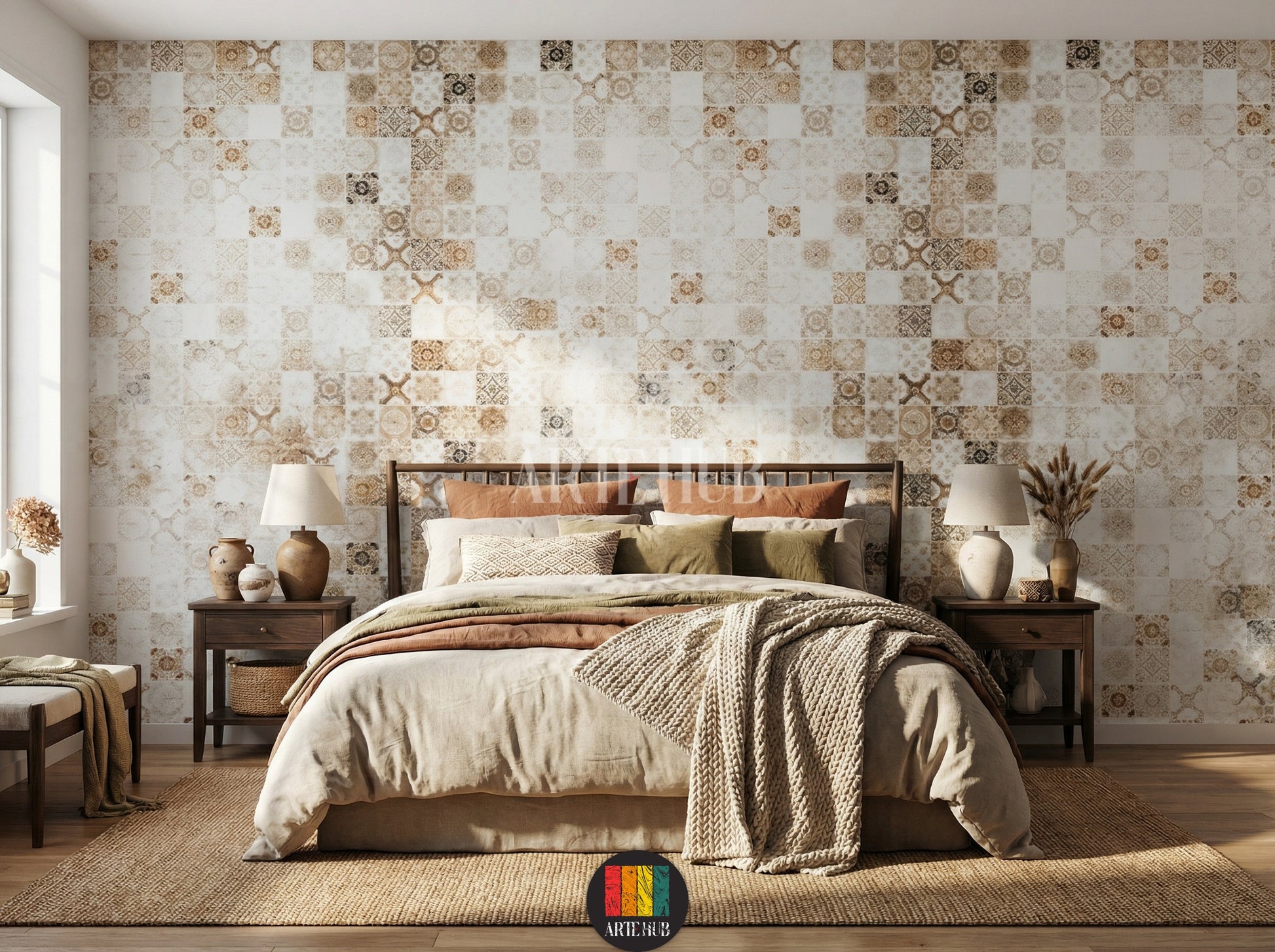 A cozy bedroom featuring a stylish patterned wallpaper with intricate, earthy-toned designs, enhancing a rustic or bohemian aesthetic. The room includes a bed with neutral bedding, two wooden nightstands with lamps, and decorative vases. Ideal for modern Egyptian home interiors.
غرفة نوم مريحة تتميز بورق حائط منقوش بتصميمات معقدة بألوان ترابية، مما يضفي لمسة ريفية أو بوهيمية أنيقة. تحتوي الغرفة على سرير بفرش ألوان محايدة، طاولتين جانبيتين خشبيتين مع مصابيح، ومزهريات ديكور. 
room: bedroom 