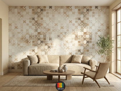 A cozy living room featuring a stylish patterned wallpaper with intricate, earthy-toned designs, enhancing a rustic or bohemian aesthetic. The room includes a sofa with neutral bedding, two wooden nightstands with lamps, and decorative vases. Ideal for modern Egyptian home interiors.
غرفة معيشة مريحة تتميز بورق حائط منقوش بتصميمات معقدة بألوان ترابية، مما يضفي لمسة ريفية أو بوهيمية أنيقة. تحتوي الغرفة على سرير بفرش ألوان محايدة، طاولتين جانبيتين خشبيتين مع مصابيح، ومزهريات ديكور. 
room: living room