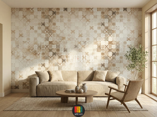 A cozy living room featuring a stylish patterned wallpaper with intricate, earthy-toned designs, enhancing a rustic or bohemian aesthetic. The room includes a sofa with neutral bedding, two wooden nightstands with lamps, and decorative vases. Ideal for modern Egyptian home interiors.
غرفة معيشة مريحة تتميز بورق حائط منقوش بتصميمات معقدة بألوان ترابية، مما يضفي لمسة ريفية أو بوهيمية أنيقة. تحتوي الغرفة على سرير بفرش ألوان محايدة، طاولتين جانبيتين خشبيتين مع مصابيح، ومزهريات ديكور. 
room: living room