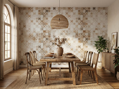 A cozy dining room featuring a stylish patterned wallpaper with intricate, earthy-toned designs, enhancing a rustic or bohemian aesthetic. The room includes a table with neutral bedding, two wooden nightstands with lamps, and decorative vases. Ideal for modern Egyptian home interiors.
غرفةسفرة مريحة تتميز بورق حائط منقوش بتصميمات معقدة بألوان ترابية، مما يضفي لمسة ريفية أو بوهيمية أنيقة. تحتوي الغرفة على بفرش ألوان محايدة، طاولتين جانبيتين خشبيتين مع مصابيح، ومزهريات ديكور. 
room: dining room