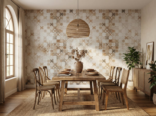 A cozy dining room featuring a stylish patterned wallpaper with intricate, earthy-toned designs, enhancing a rustic or bohemian aesthetic. The room includes a table with neutral bedding, two wooden nightstands with lamps, and decorative vases. Ideal for modern Egyptian home interiors.
غرفةسفرة مريحة تتميز بورق حائط منقوش بتصميمات معقدة بألوان ترابية، مما يضفي لمسة ريفية أو بوهيمية أنيقة. تحتوي الغرفة على بفرش ألوان محايدة، طاولتين جانبيتين خشبيتين مع مصابيح، ومزهريات ديكور. 
room: dining room