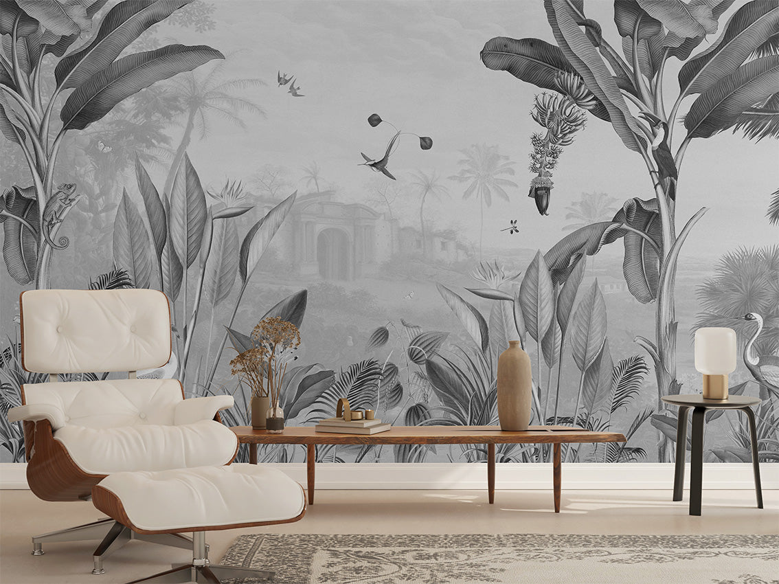 Botanical Beauty - B W luxury wallpaper interior room:livingroom — Artehub Egypt