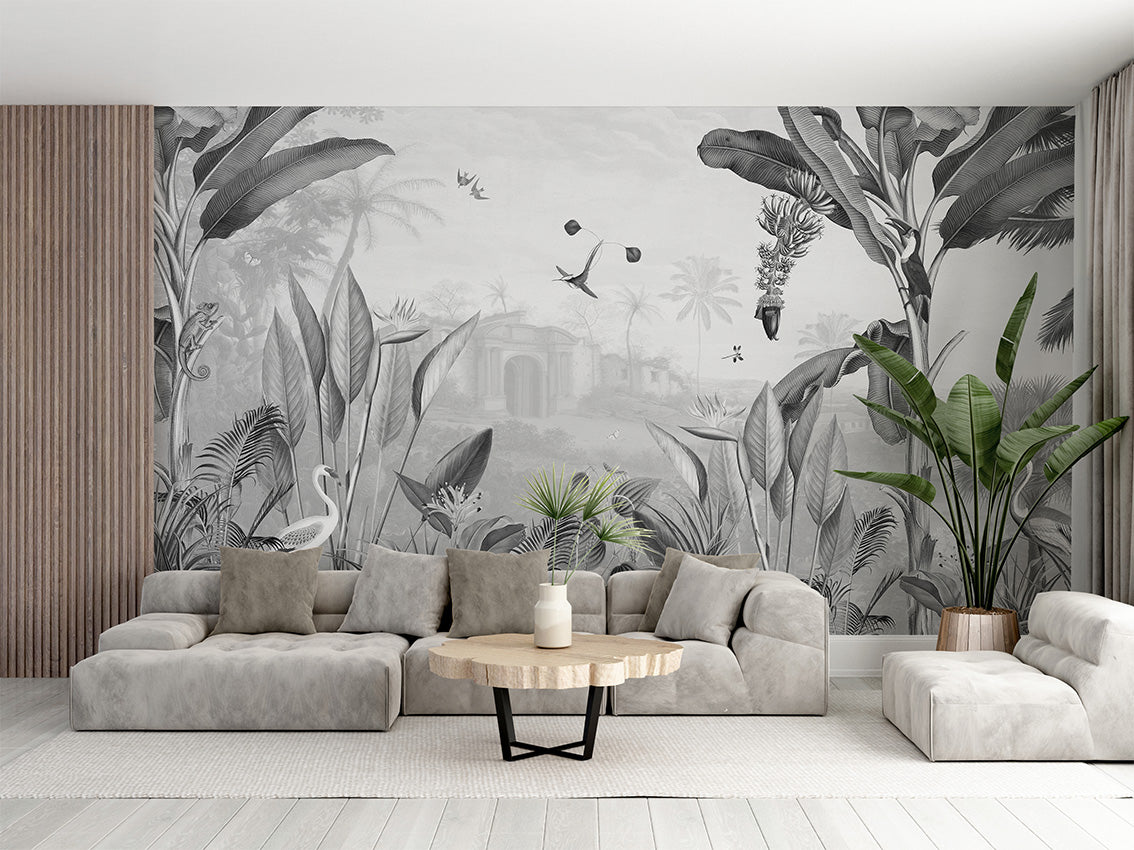 Botanical Beauty - B W luxury wallpaper interior room:livingroom — Artehub Egypt