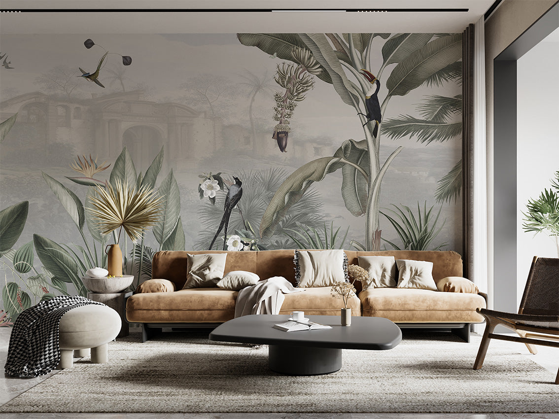 Botanical Beauty - Panorama luxury wallpaper interior room:livingroom — Artehub Egypt