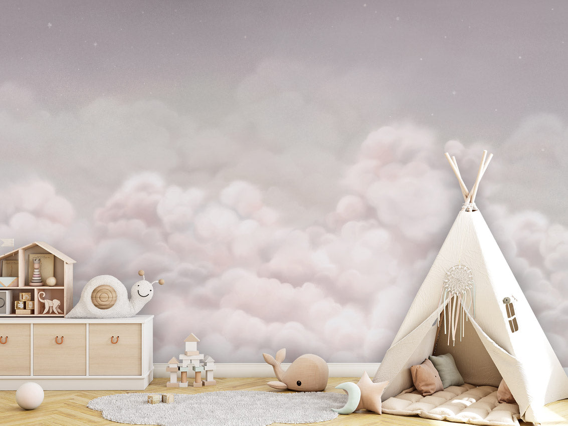Calming Clouds - pink kids room wallpaper interior — premium wallpaper by Artehub Egypt