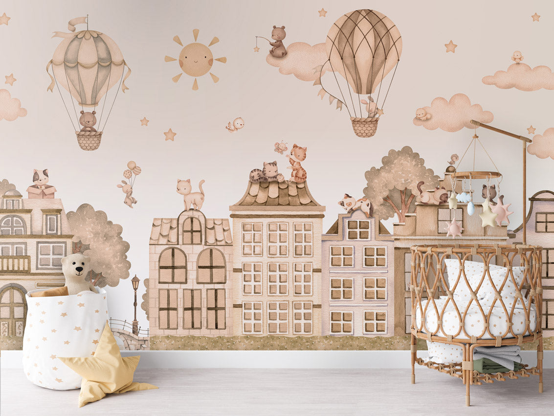 City Cats - mono kids room wallpaper interior — premium wallpaper by Artehub Egypt