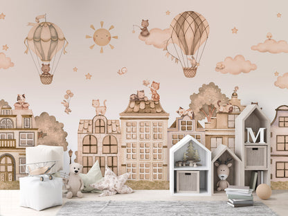 City Cats - mono kids room wallpaper interior — premium wallpaper by Artehub Egypt