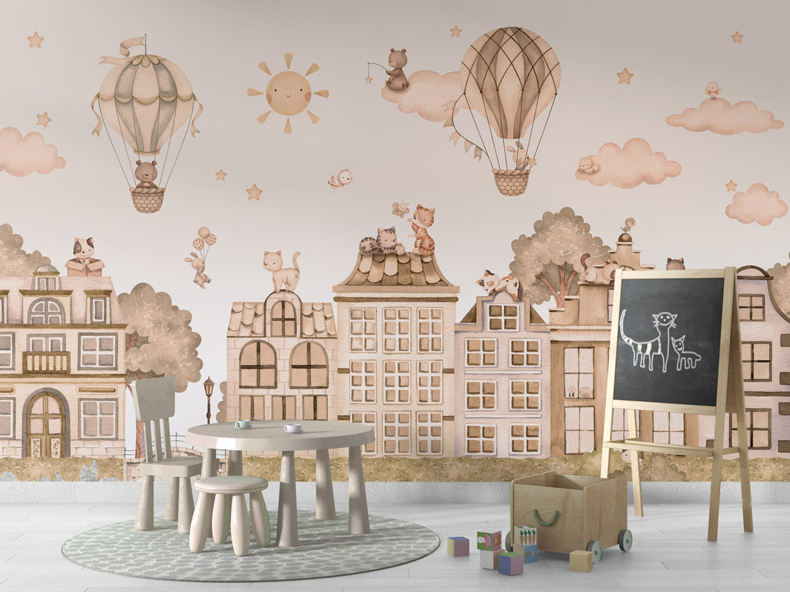 City Cats - mono kids room wallpaper interior — premium wallpaper by Artehub Egypt
