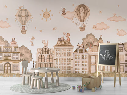 City Cats - mono kids room wallpaper interior — premium wallpaper by Artehub Egypt