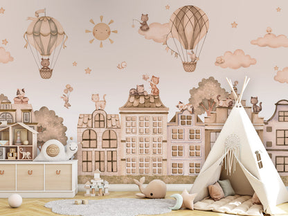 City Cats - mono kids room wallpaper interior — premium wallpaper by Artehub Egypt