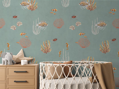 Coral Garden Blue luxury motif wallpaper in kids room interior — Artehub Egypt