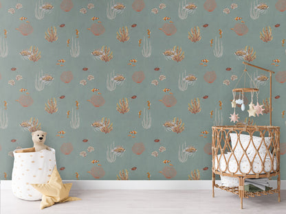 Coral Garden Blue luxury motif wallpaper in kids room interior — Artehub Egypt