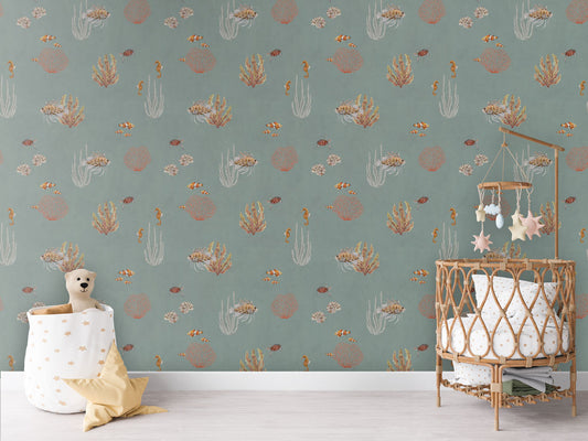 Coral Garden Blue luxury motif wallpaper in kids room interior — Artehub Egypt
