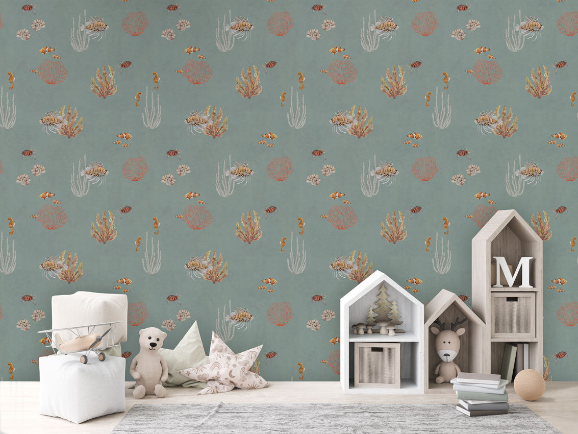 Coral Garden Blue luxury motif wallpaper in kids room interior — Artehub Egypt