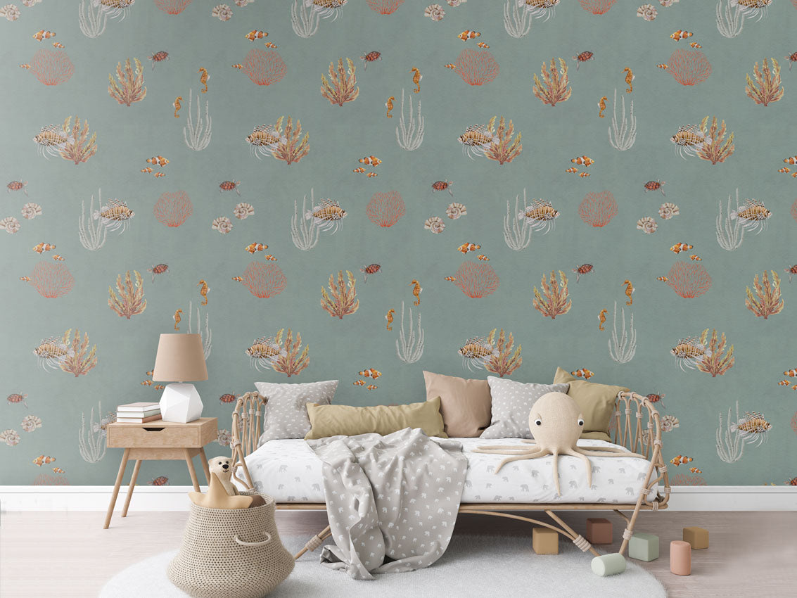 Coral Garden Blue luxury motif wallpaper in kids room interior — Artehub Egypt