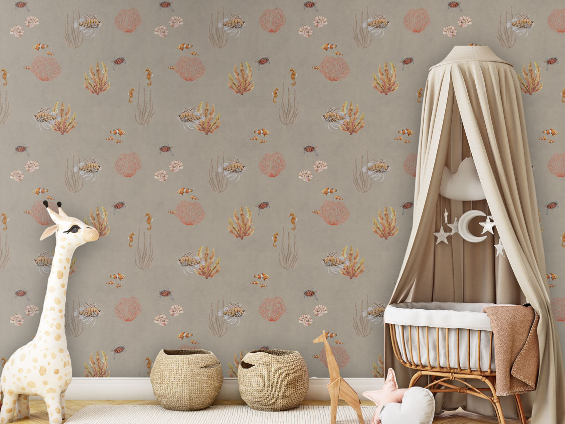 Coral Garden - Brown luxury wallpaper in kids room interior — Artehub Egypt