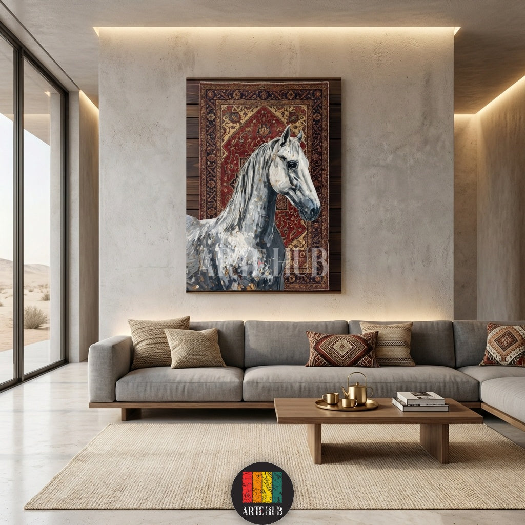 A majestic white horse painted on a canvas with a traditional oriental rug background. High-quality wall art in Egypt by Artehub for home decoration.

 لوحة كانفاس لحصان أبيض مهيب مع خلفية سجاد شرقي تقليدي. ديكور حوائط راقي في مصر من Artehub لتزيين المنزل.