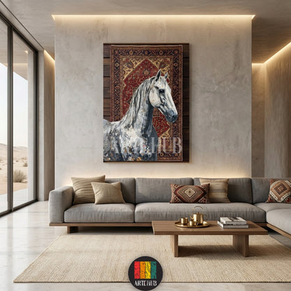 A majestic white horse painted on a canvas with a traditional oriental rug background. High-quality wall art in Egypt by Artehub for home decoration.

 لوحة كانفاس لحصان أبيض مهيب مع خلفية سجاد شرقي تقليدي. ديكور حوائط راقي في مصر من Artehub لتزيين المنزل.
