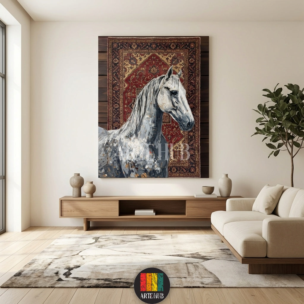 A majestic white horse painted on a canvas with a traditional oriental rug background. High-quality wall art in Egypt by Artehub for home decoration.

 لوحة كانفاس لحصان أبيض مهيب مع خلفية سجاد شرقي تقليدي. ديكور حوائط راقي في مصر من Artehub لتزيين المنزل.