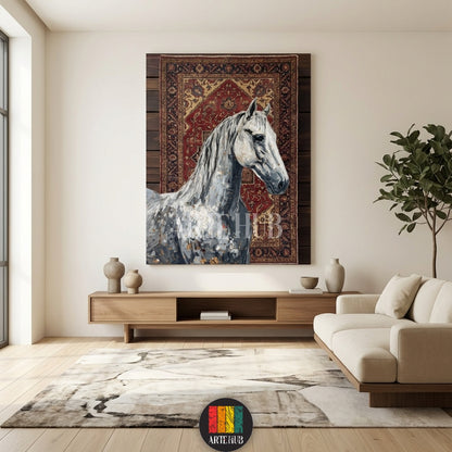 A majestic white horse painted on a canvas with a traditional oriental rug background. High-quality wall art in Egypt by Artehub for home decoration.

 لوحة كانفاس لحصان أبيض مهيب مع خلفية سجاد شرقي تقليدي. ديكور حوائط راقي في مصر من Artehub لتزيين المنزل.