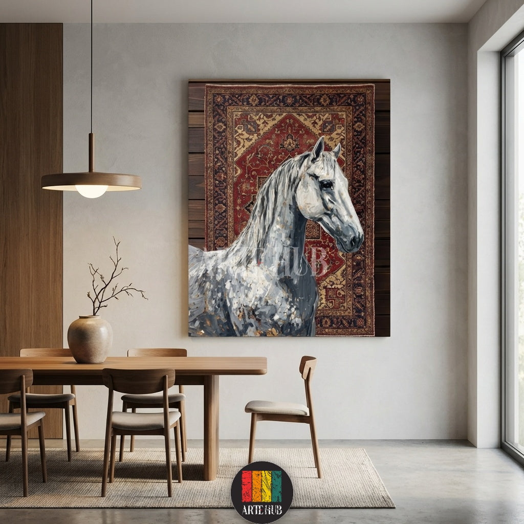 A majestic white horse painted on a canvas with a traditional oriental rug background. High-quality wall art in Egypt by Artehub for home decoration.

 لوحة كانفاس لحصان أبيض مهيب مع خلفية سجاد شرقي تقليدي. ديكور حوائط راقي في مصر من Artehub لتزيين المنزل.