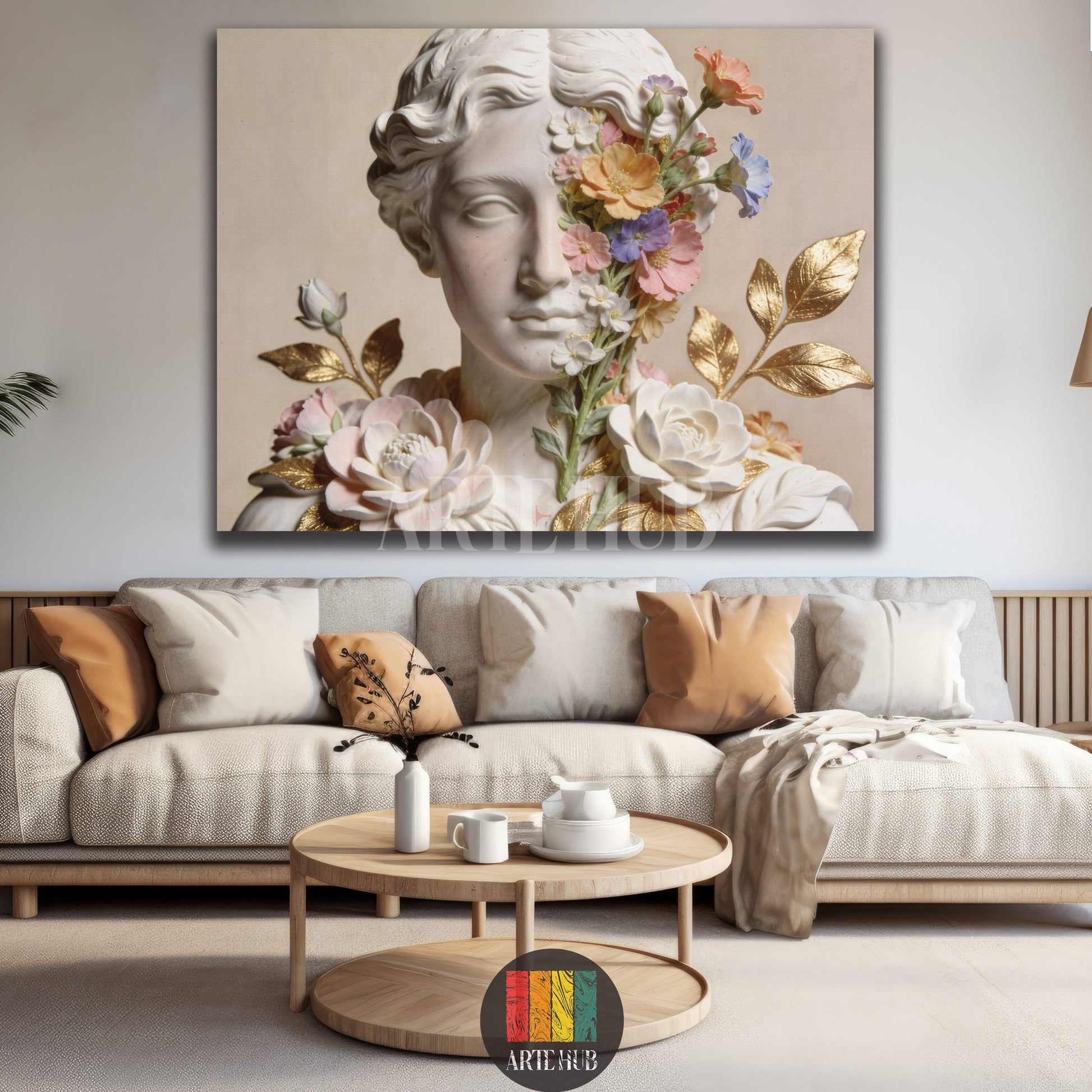 Large canvas print featuring a white classical female bust adorned with colorful blooming flowers and golden leaves, set against a beige background, displayed above a wooden console in a modern living room in Egypt. Ideal for Egyptian home decor.
لوحة كانفس كبيرة تصور تمثال نصفي كلاسيكي أبيض مزين بزهور ملونة وأوراق ذهبية، معروضة فوق خزانة خشبية في غرفة معيشة عصرية في مصر. مثالية لديكور المنازل المصرية.