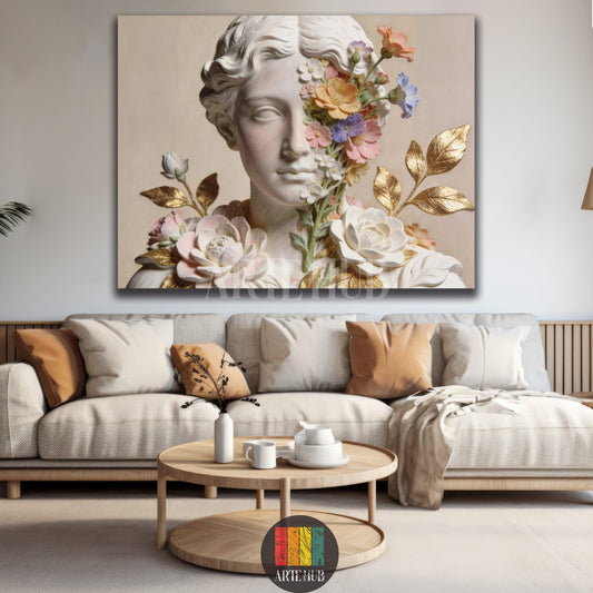 Large canvas print featuring a white classical female bust adorned with colorful blooming flowers and golden leaves, set against a beige background, displayed above a wooden console in a modern living room in Egypt. Ideal for Egyptian home decor.
لوحة كانفس كبيرة تصور تمثال نصفي كلاسيكي أبيض مزين بزهور ملونة وأوراق ذهبية، معروضة فوق خزانة خشبية في غرفة معيشة عصرية في مصر. مثالية لديكور المنازل المصرية.