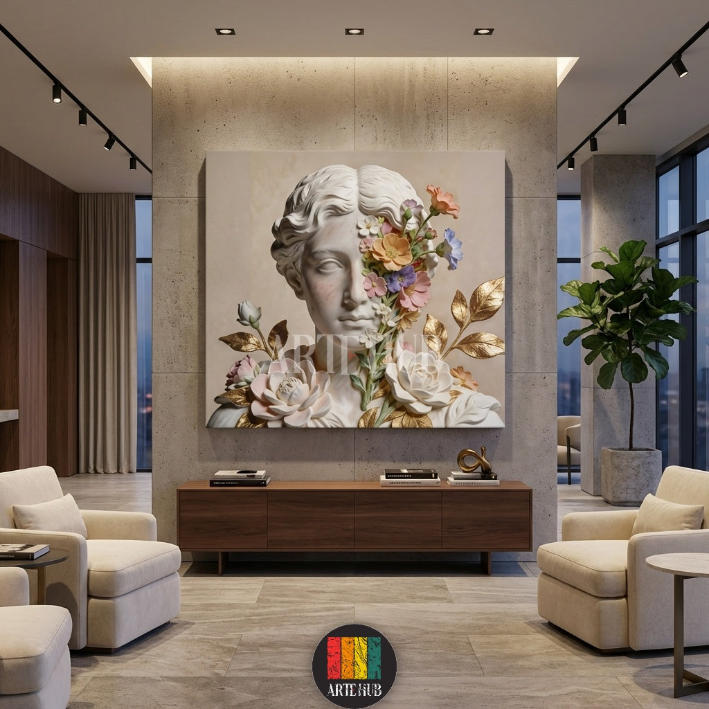 A beautiful canvas print from Artehub featuring a white marble classical bust statue with colorful flowers blooming on its face and golden leaves, perfect for Egyptian home decor.

لوحة كانفاس من آرت هوب تصور تمثال نصفي كلاسيكي من الرخام الأبيض مع زهور ملونة تتفتح على الوجه وأوراق ذهبية، مثالية لتزيين جدران المنازل في مصر.