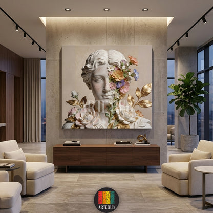 A beautiful canvas print from Artehub featuring a white marble classical bust statue with colorful flowers blooming on its face and golden leaves, perfect for Egyptian home decor.

لوحة كانفاس من آرت هوب تصور تمثال نصفي كلاسيكي من الرخام الأبيض مع زهور ملونة تتفتح على الوجه وأوراق ذهبية، مثالية لتزيين جدران المنازل في مصر.